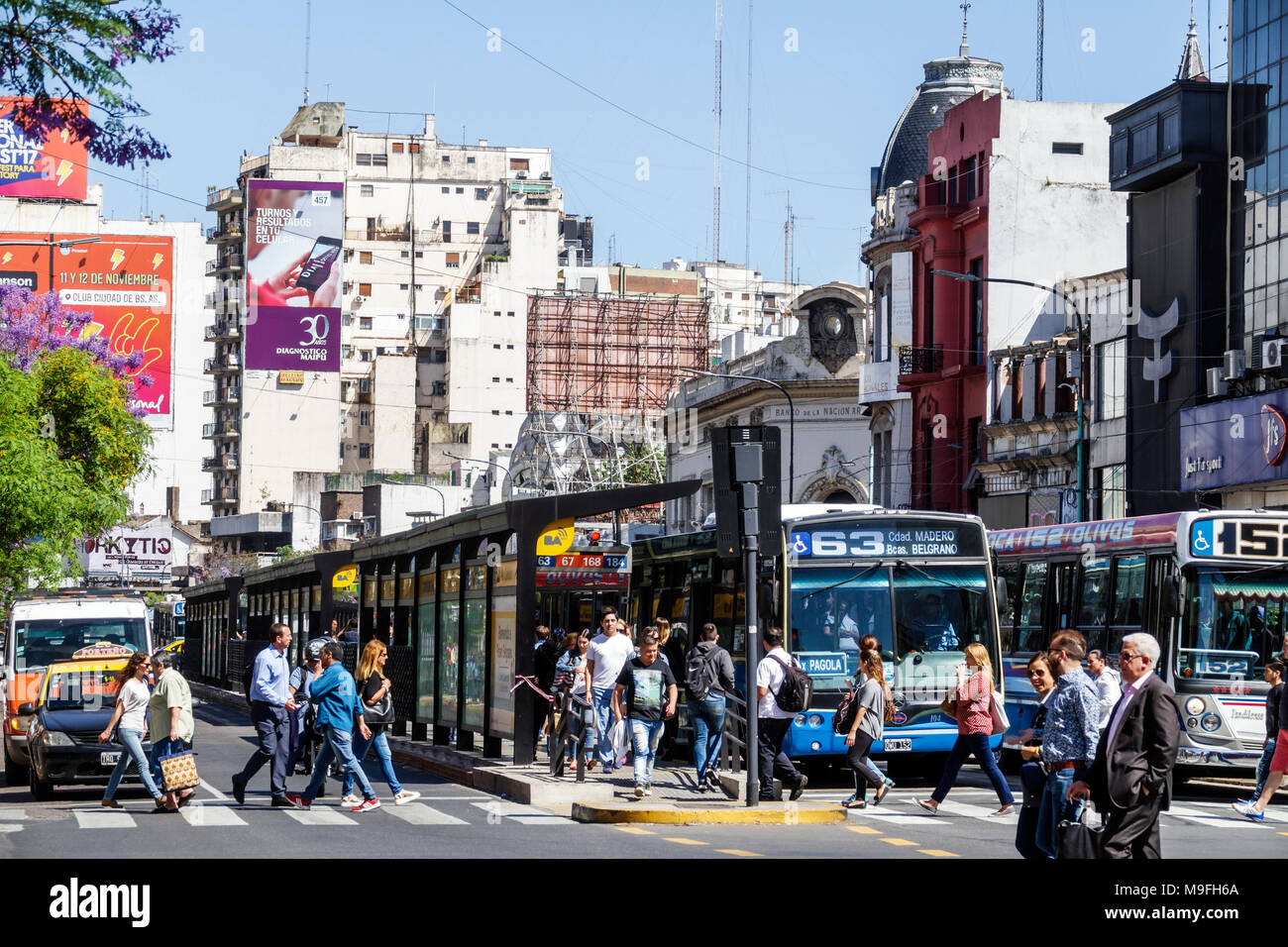 Buenos Aires Argentina,Belgrano,traffic,street crossing,pedestrian,dedicated bus lane,buildings,skyline,man men male,woman female women,Hispanic,ARG17 Stock Photo