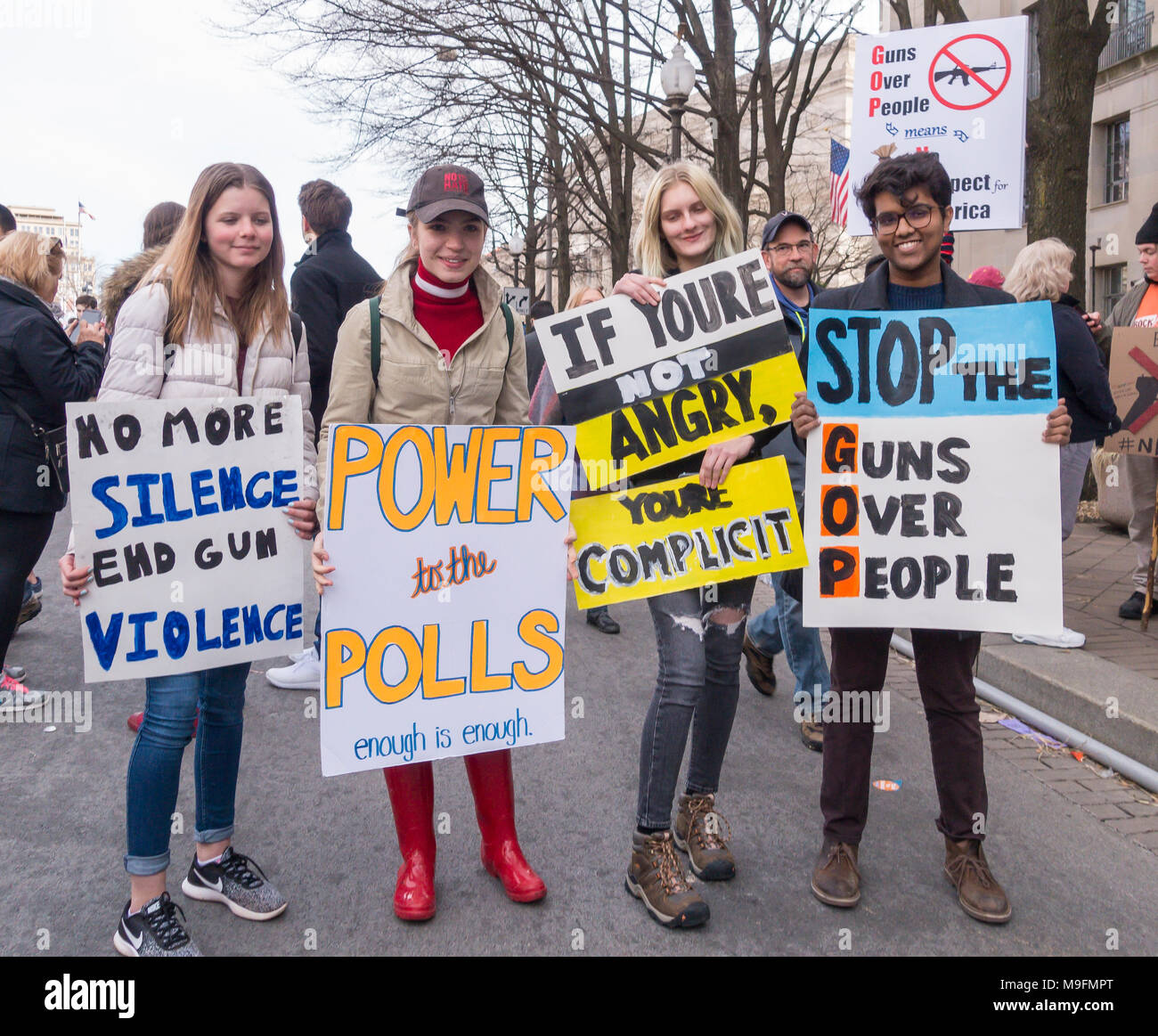 WASHINGTON, DC, USA - Young protestors at March for Our Lives demonstration, protesting gun violence. Stock Photo