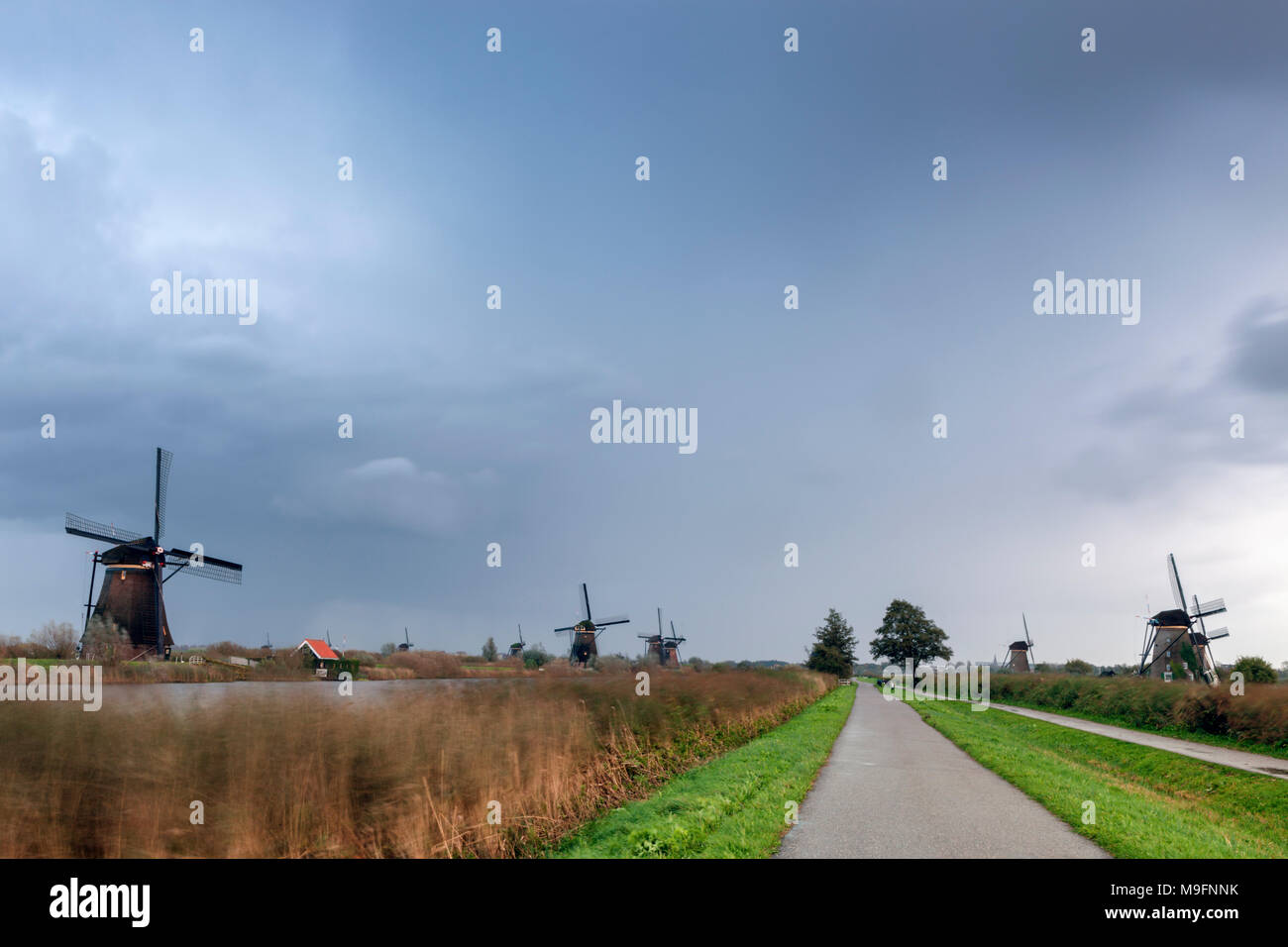Windmills at Kinderdijk at dusk. Kinderdijk, South Holland, Netherlands Stock Photo