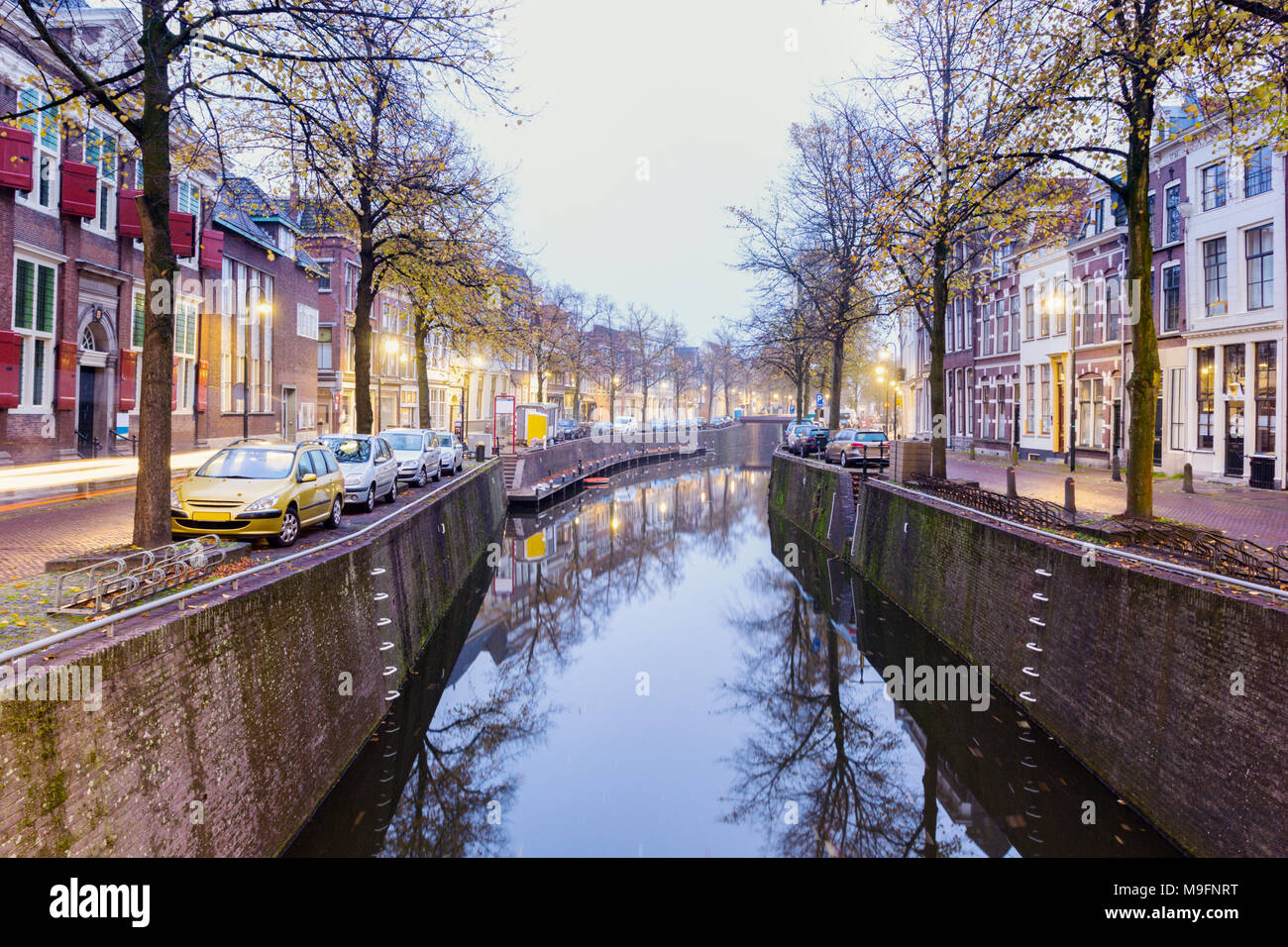 Canal in Gouda at dawn. Gouda, South Holland, Netherlands. Stock Photo