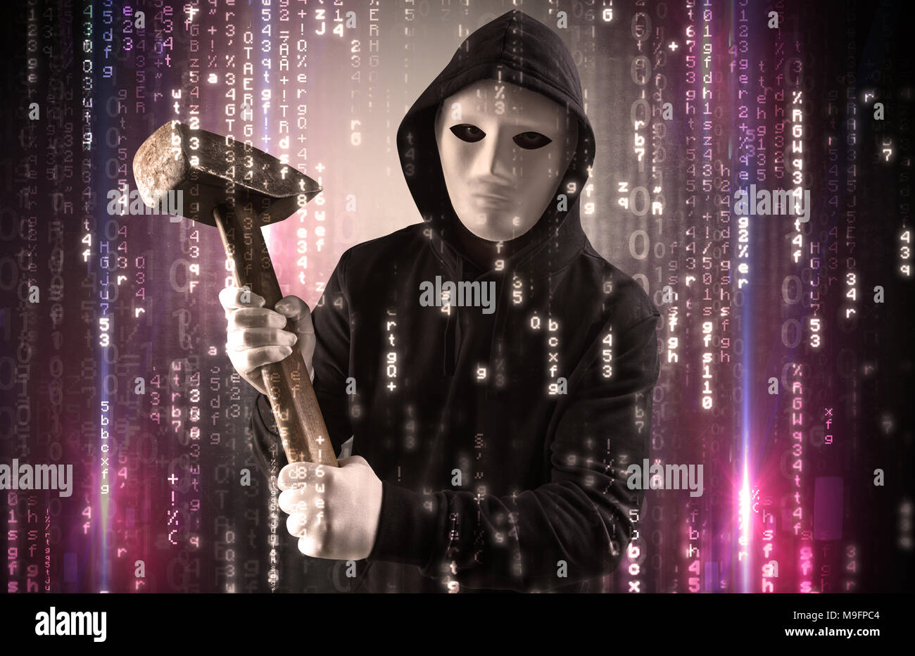 Masked and armed anonymous hacker breaking in cyber security cloud data concept  Stock Photo