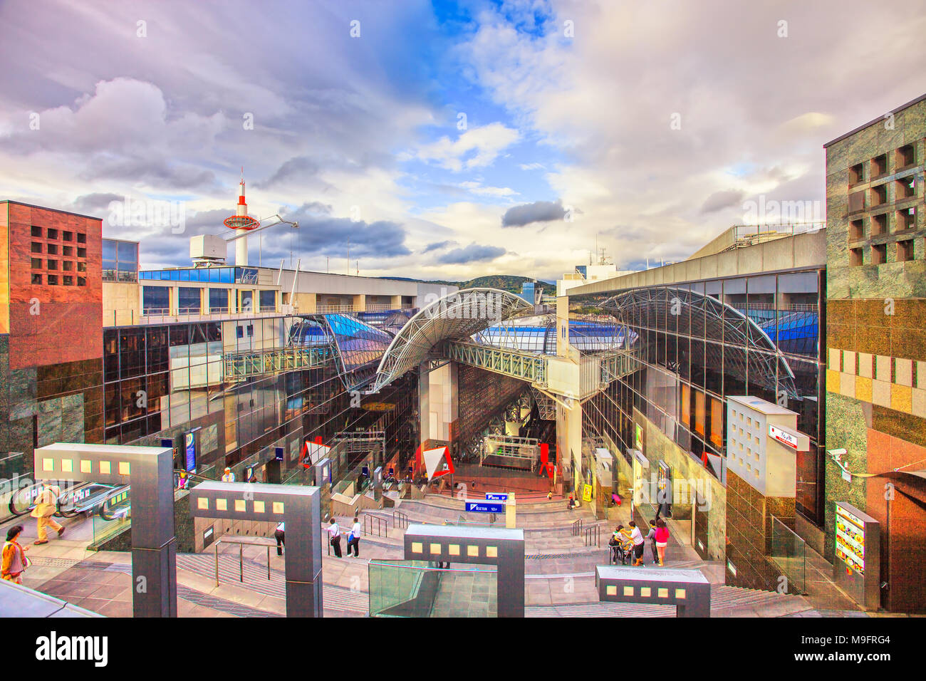 KYOTO / JAPAN - MAY 26, 2010: Panoramic view of modern Kyoto railway station. It is one of the country's largest buildings, incorporating a shopping m Stock Photo