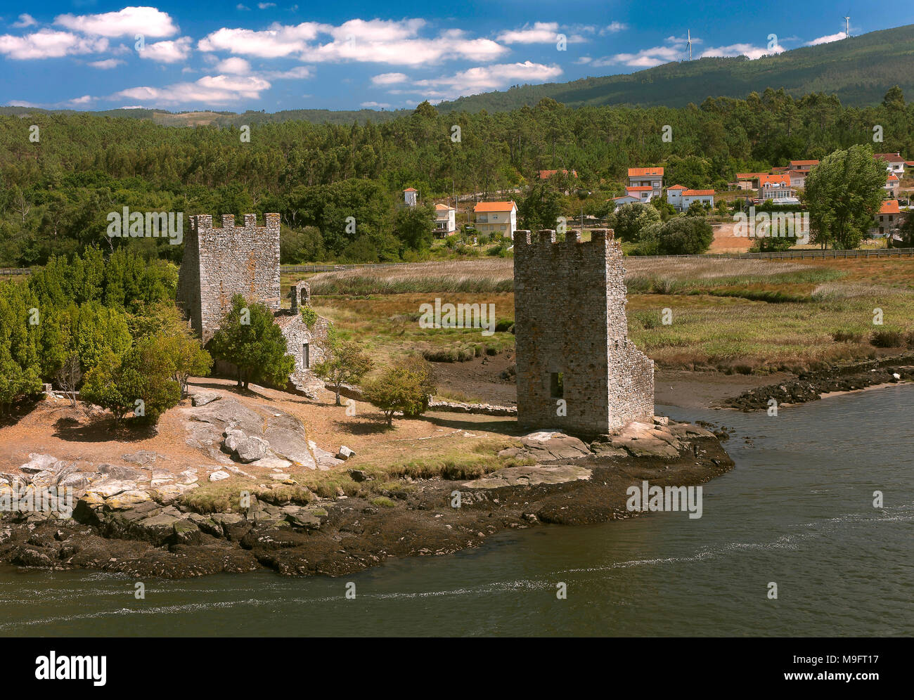 Ulla river and Torres del Oeste (West Towers, also called Viking Towers). Catoira. Pontevedra province. Region of Galicia. Spain. Europe Stock Photo