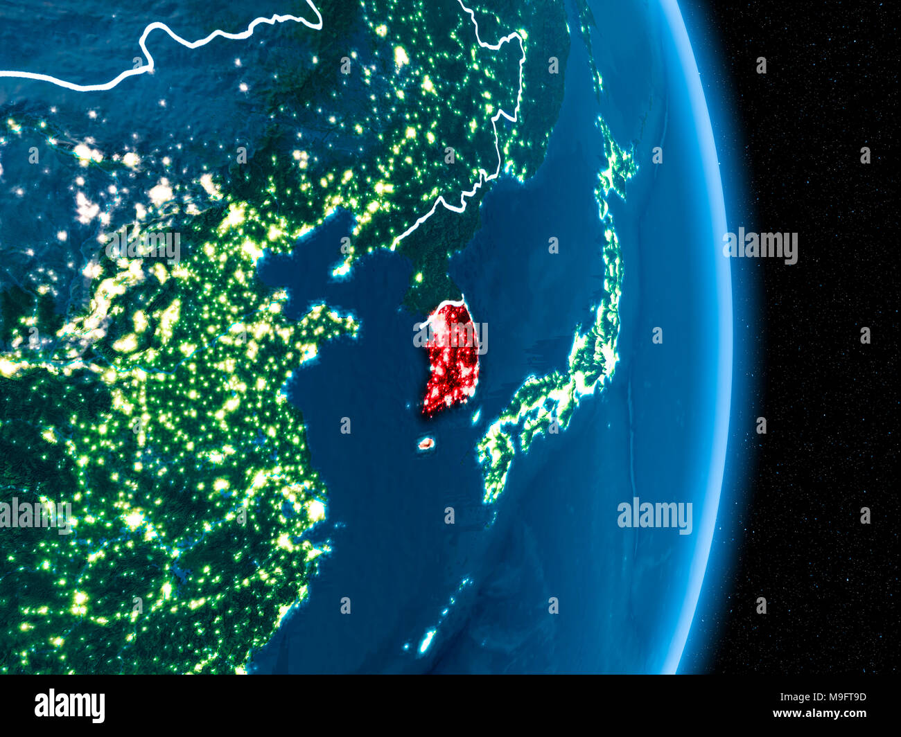 South Korea from orbit of planet Earth at night with visible ...