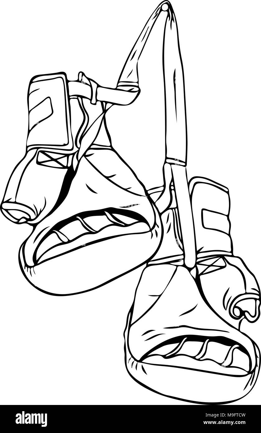 contour drawing of old boxing gloves with open fingers isolated on