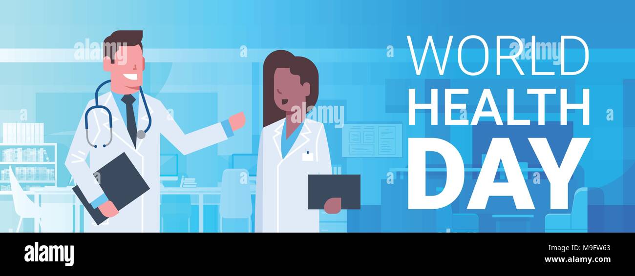 World Health Day Poster With Male And Female Medical Doctors Over