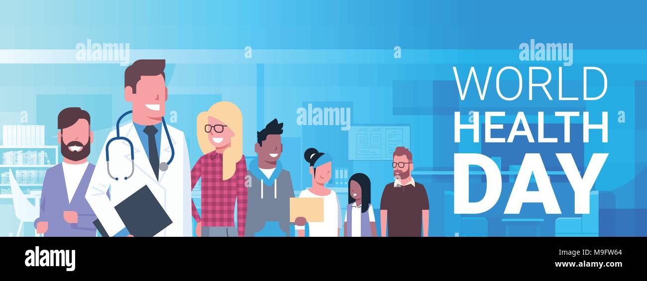 World Health Day Banner With Medical Doctor Over Group Of Patients
