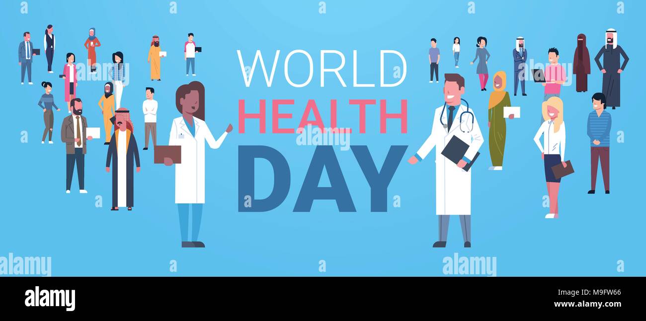 World Health Day Poster With Male And Female Doctors Over Group Of