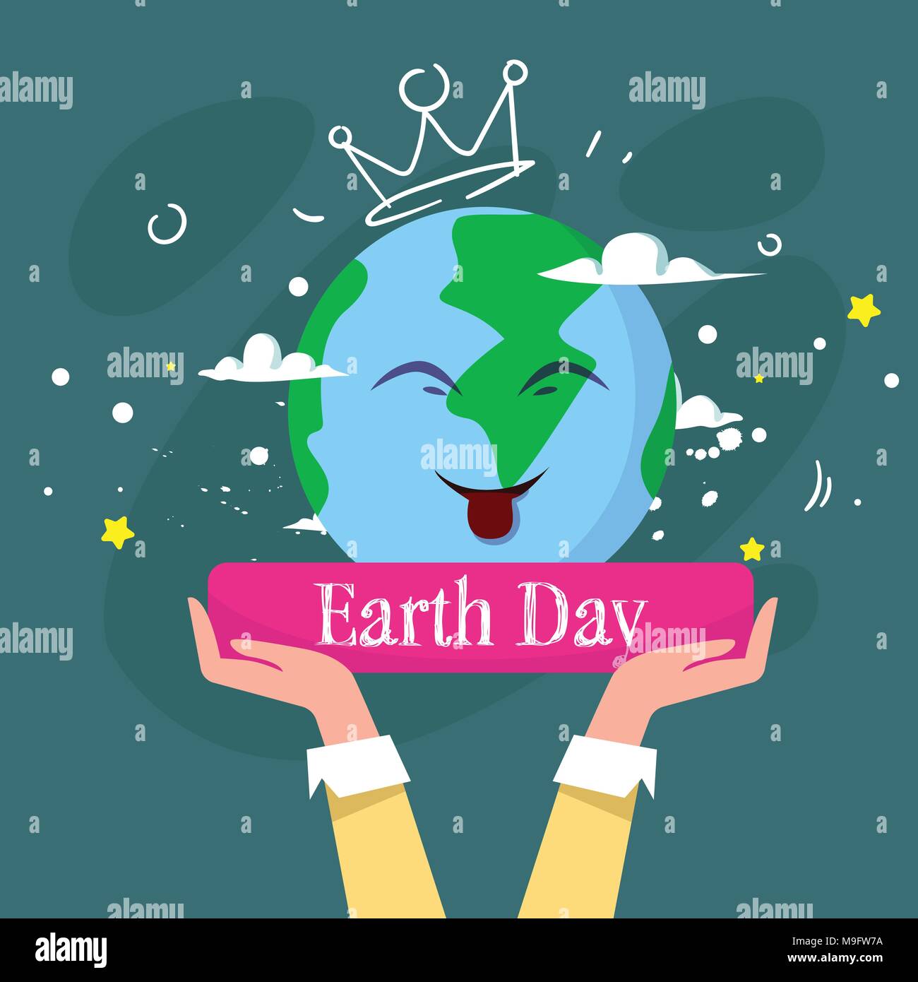 Happy Earth Day Cute Greeting Card With Hand Holding Cartoon Planet ...