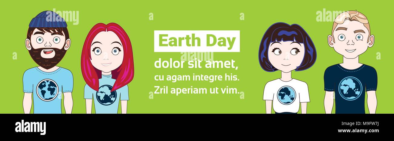 Earth Day Banner Young People Wearing T Shirts With Globe Image