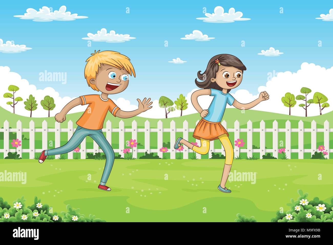 Two children are running through a park Stock Vector