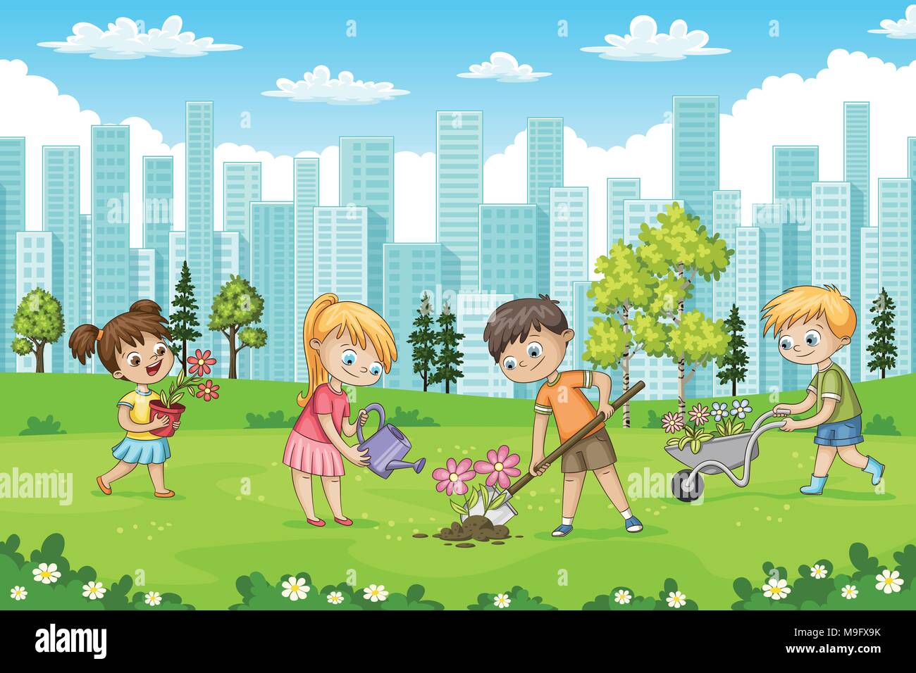 Children are planting flowers in a park Stock Vector