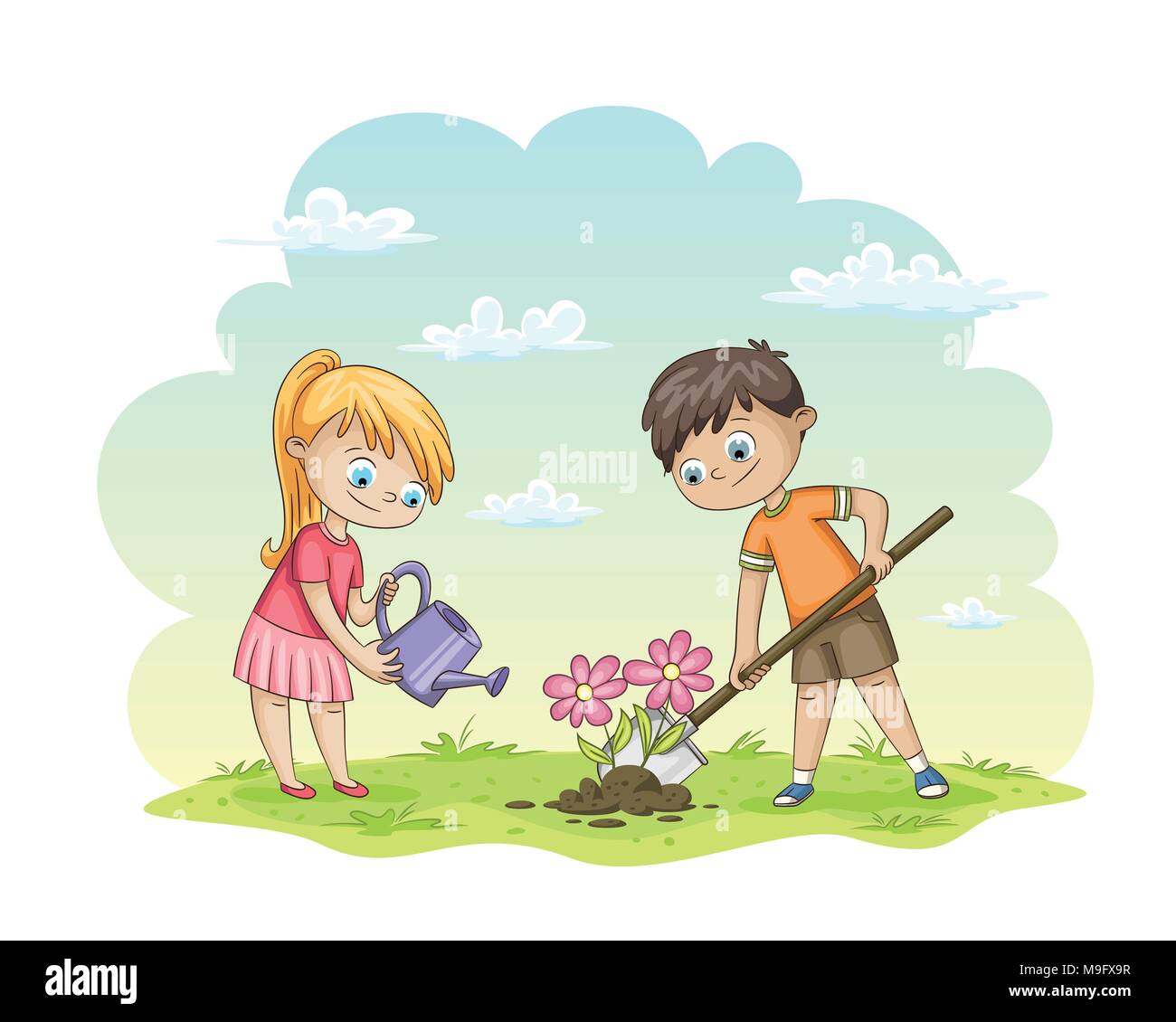 Two children are planting flowers Stock Vector