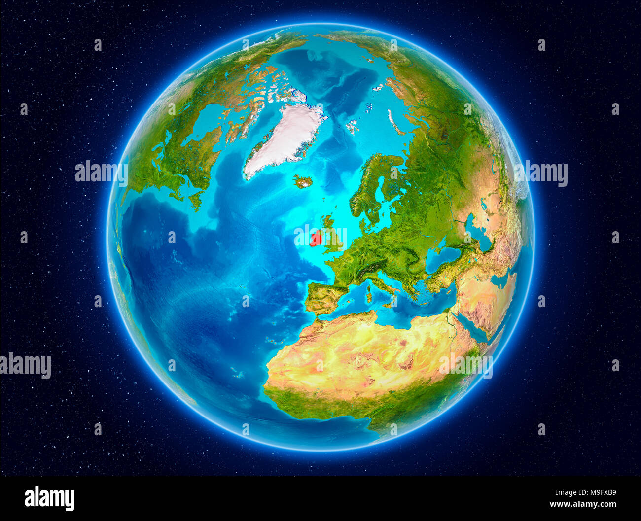 Ireland in red from Earth’s orbit. 3D illustration. Elements of this ...