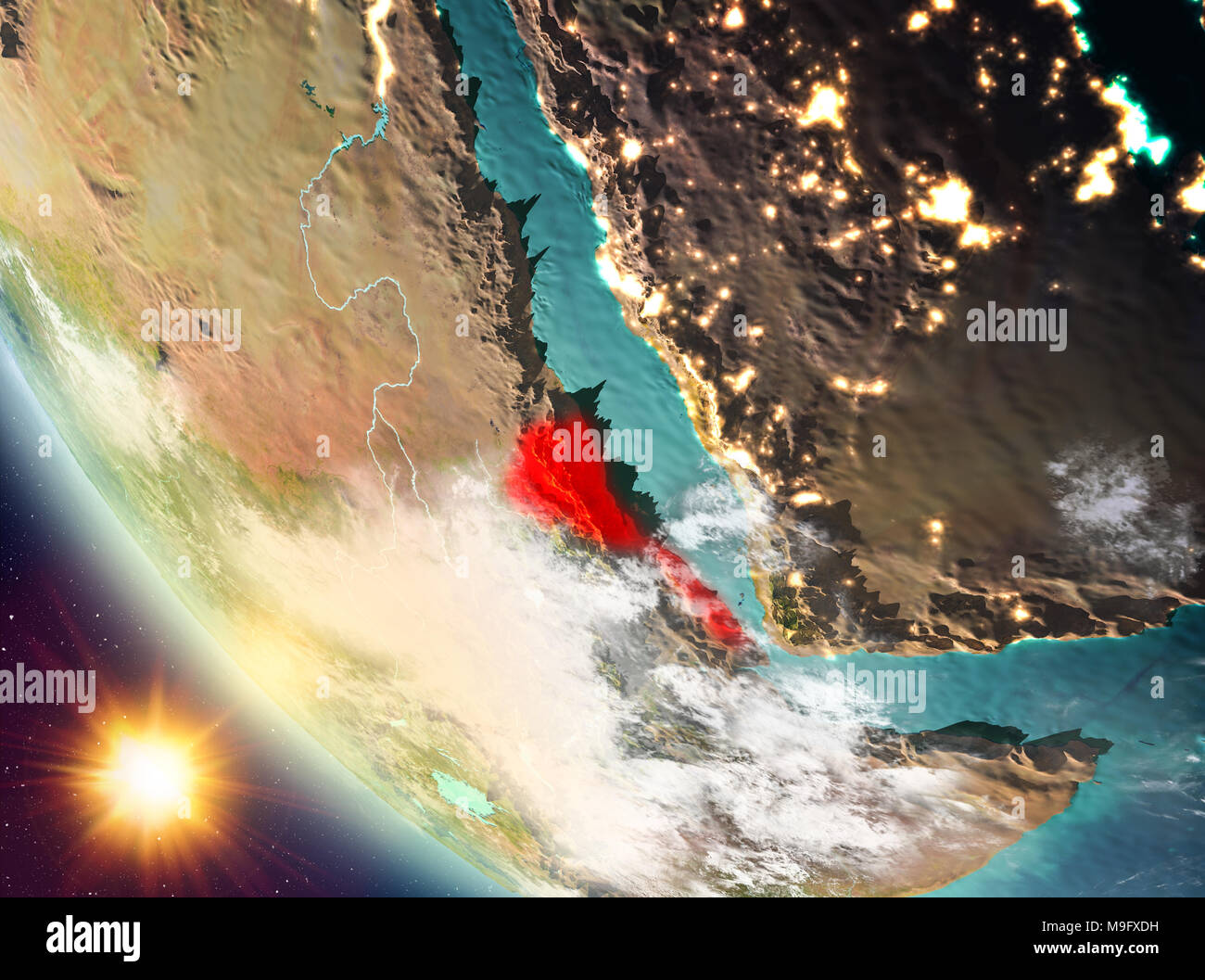 Eritrea during sunset highlighted in red on planet Earth with clouds ...