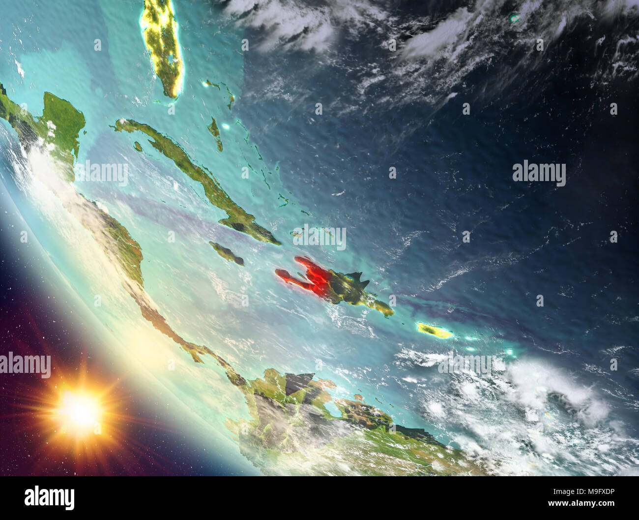 Haiti during sunset highlighted in red on planet Earth with clouds. 3D ...