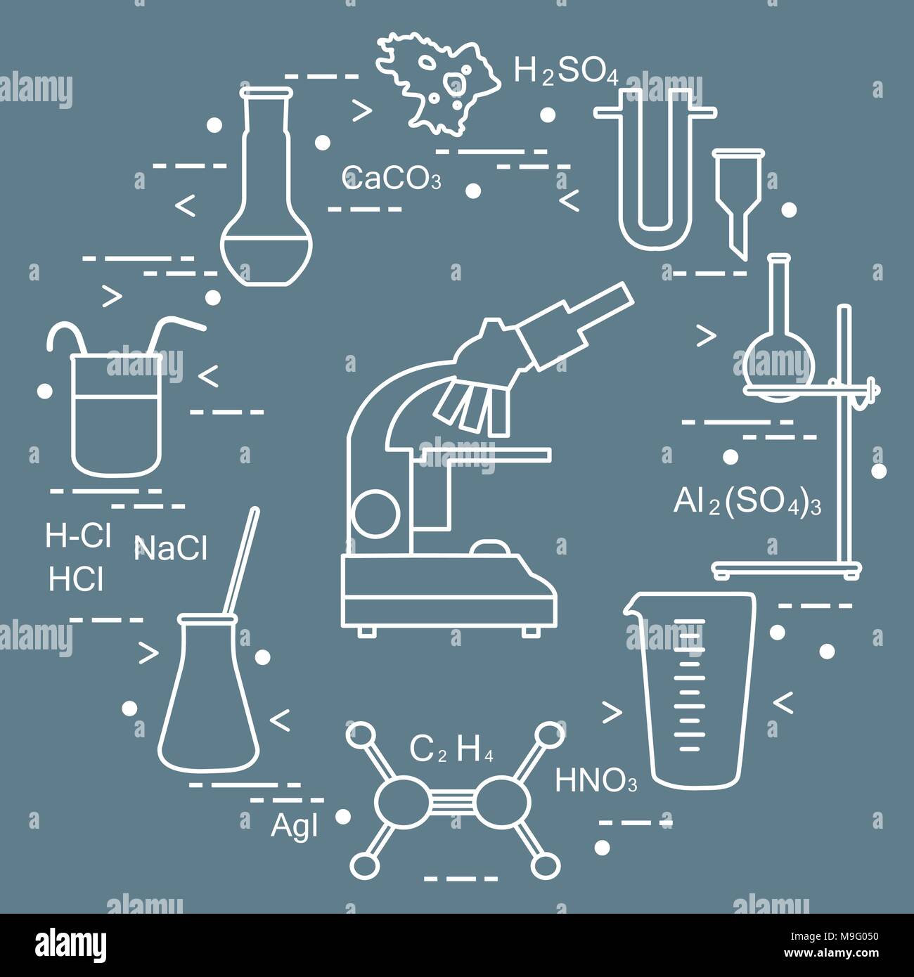 Chemistry scientific, education elements microscope, flasks, tripod