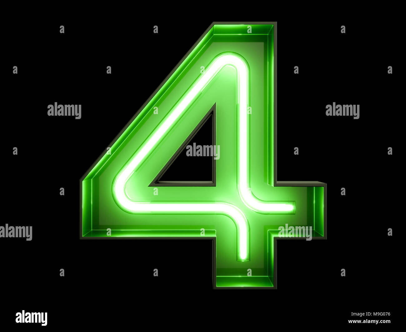 Neon Green Light Glowing Digit Alphabet Character 4 Four Font. Front 