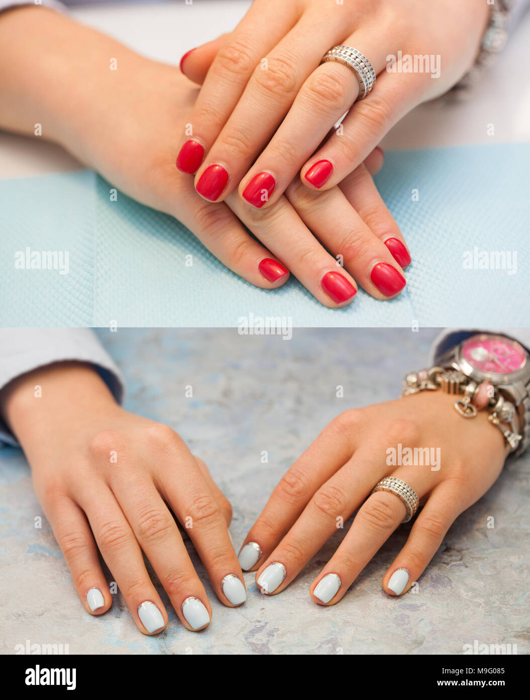 Collage of manicure. Female hands with red nails. The light blue and silver glitter design. Nail treatment. Stock Photo