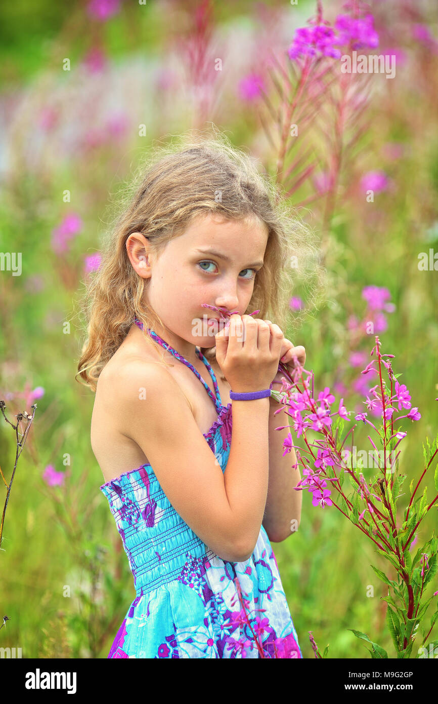 adorable girl enjoys life and gathers wildflowers Stock Photo