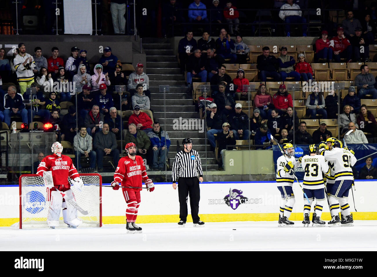 Worcester, Mass. 25th Mar, 2018. The Michigan Wolverines celebrae a goal against Boston University Terriers goaltender Jake Oettinger (29) during the NCAA Division I Northeast Regional Championship between Boston University and Michigan held at the DCU Center in Worcester, Mass. Michigan defeats Boston 6-3. Eric Canha/CSM/Alamy Live News Stock Photo