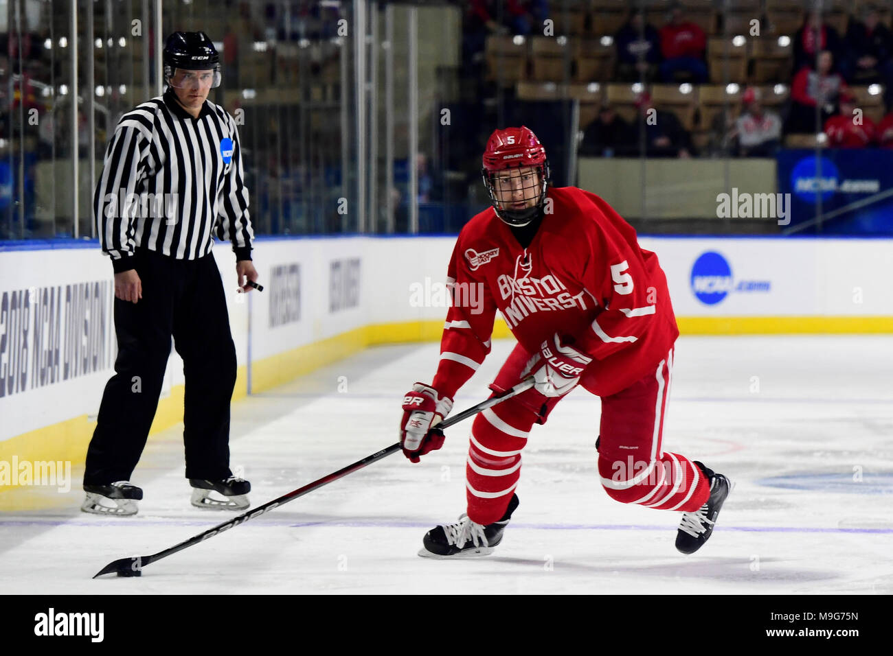 Worcester, Mass. 25th Mar, 2018. Boston University Terriers defenseman Cam Crotty (5) in game action during the NCAA Division I Northeast Regional Championship between Boston University and Michigan held at the DCU Center in Worcester, Mass. Michigan defeats Boston 6-3. Eric Canha/CSM/Alamy Live News Stock Photo