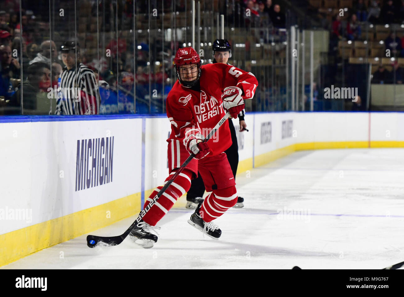 Worcester, Mass. 25th Mar, 2018. Boston University Terriers defenseman Cam Crotty (5) in game action during the NCAA Division I Northeast Regional Championship between Boston University and Michigan held at the DCU Center in Worcester, Mass. Michigan defeats Boston 6-3. Eric Canha/CSM/Alamy Live News Stock Photo