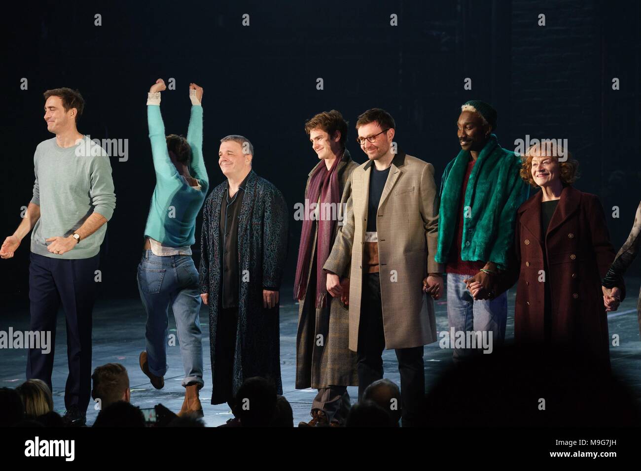 New York, NY, USA. 25th Mar, 2018. Lee Pace, Denise Gough, Nathan Lane,  Andrew Garfield, James McArdle, Nathan Stewart-Jarrett, Susan Brown in  attendance for ANGELS IN AMERICA Curtain Call, Neil Simon Theatre,