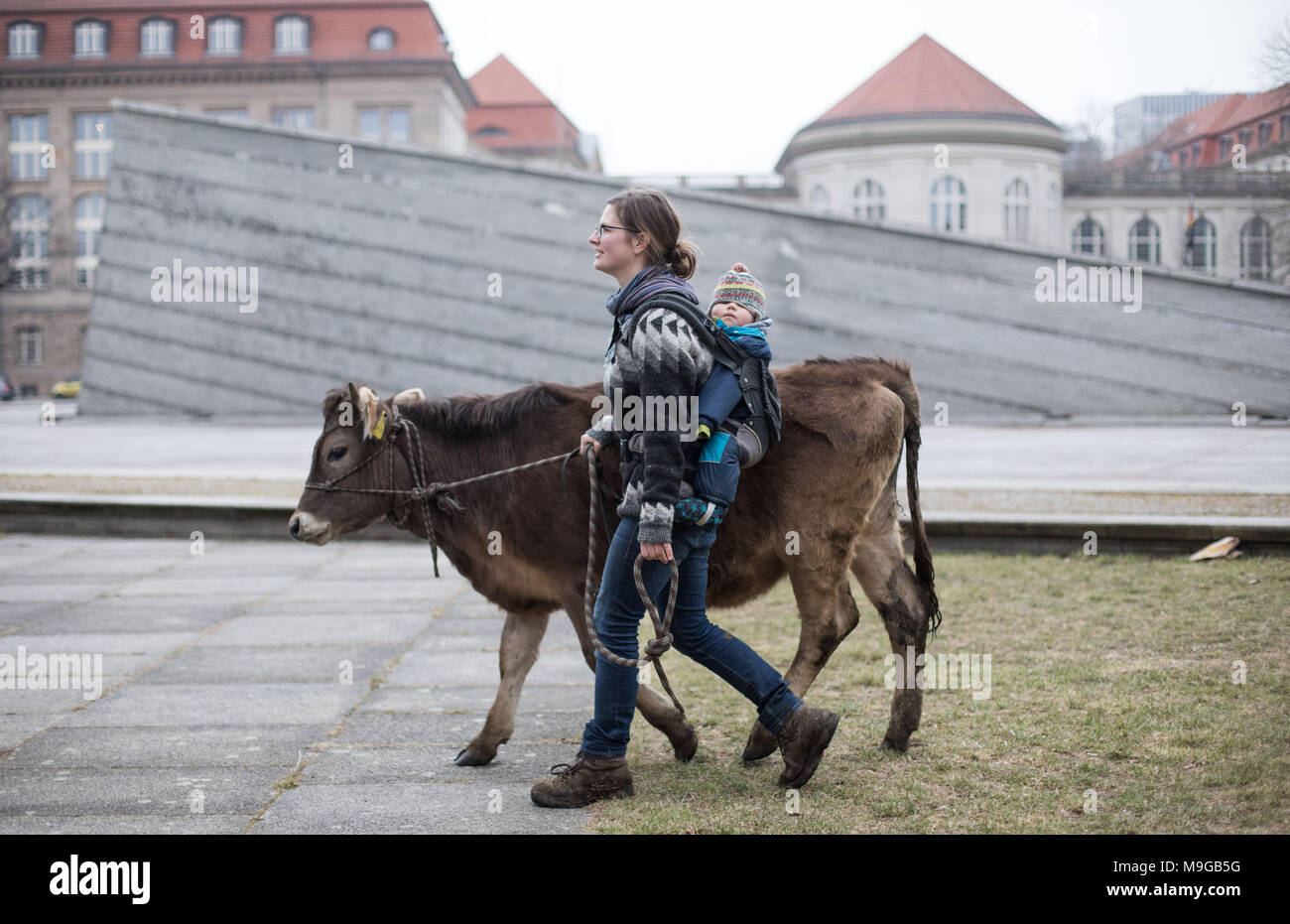 26 March 2018, Germany, Berlin: Organic farmer Anja Hradetzky from the farm 'Stolze Kuh' (lit. proud cow) going with her child and the one year old cow Omega to the protest against the EU Mercosur treaty in front of the Ministry for Finance. If the treaty is passed, it is feared that mass imports of cheap meat from Latin America will be imported to the EU. Photo: Jörg Carstensen/dpa Stock Photo