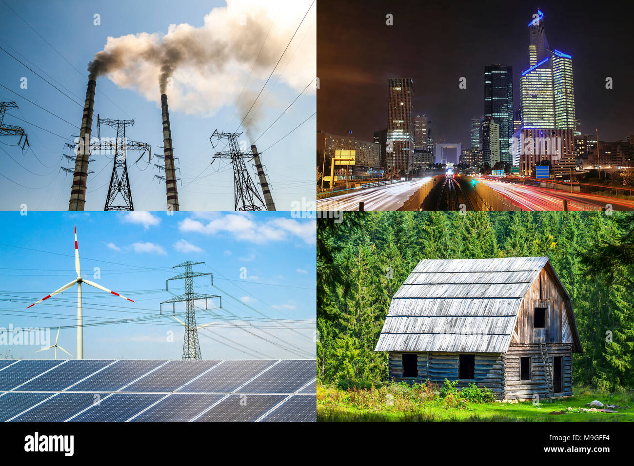 Clean vs dirty energy. Solar panels and wind turbines against fuel coal