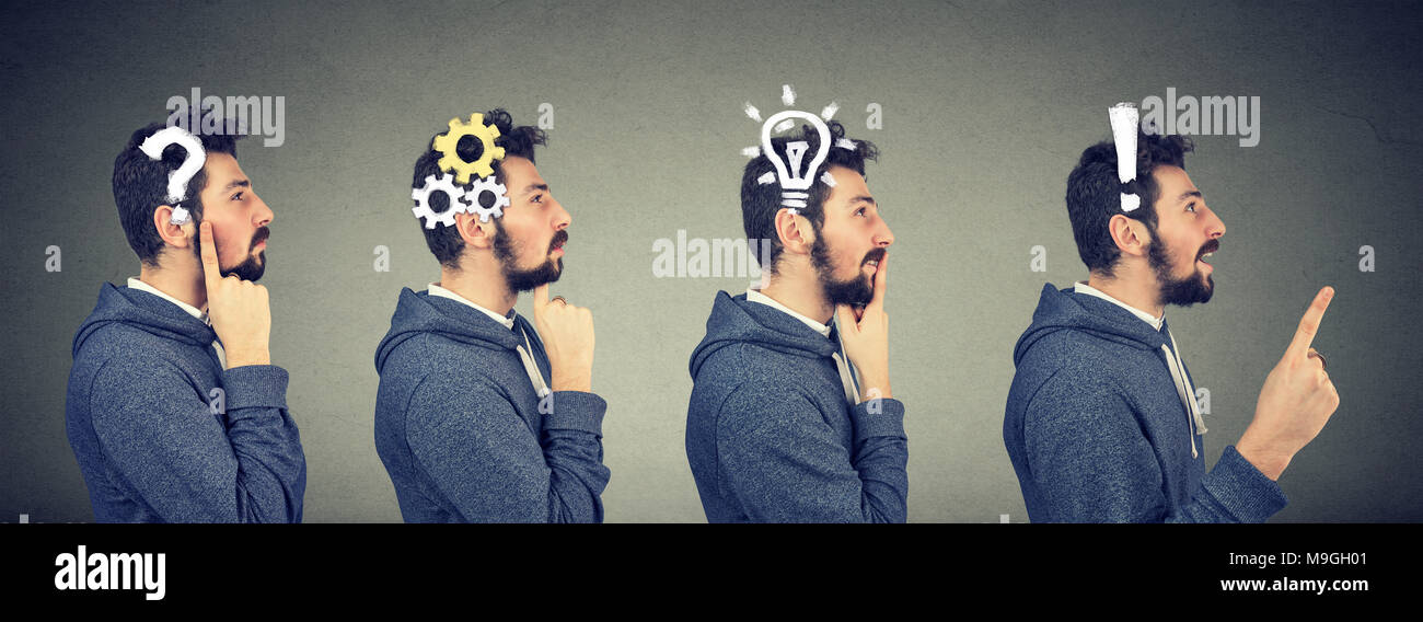 Emotional intelligence. Side view of a thoughtful, thinking, finding solution man with gear mechanism, question, exclamation, lightbulb symbols. Face  Stock Photo