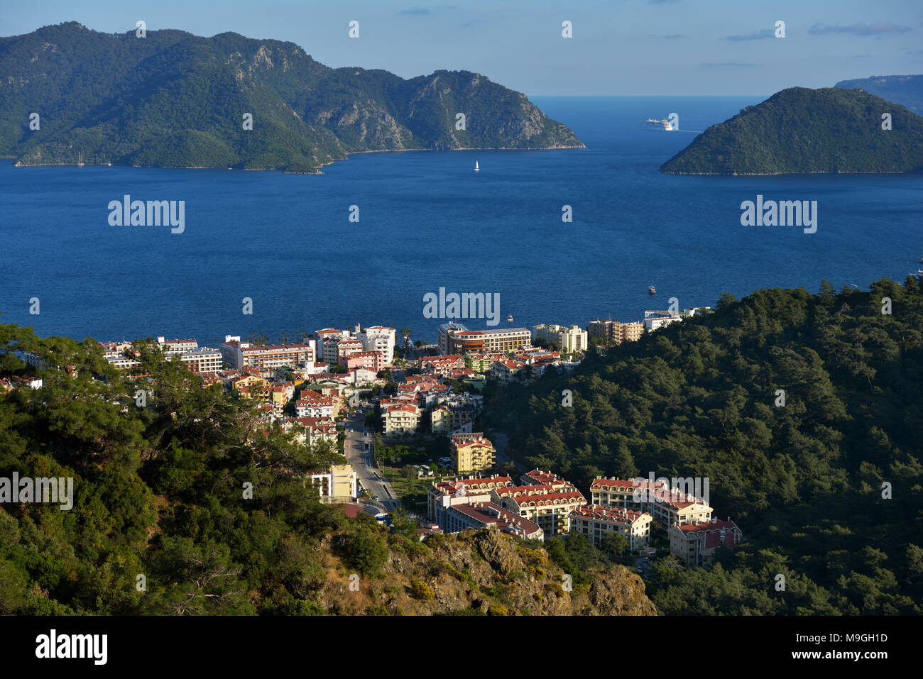 Marmaris, Turkey - April 17, 2014: Aerial view to the bay of Marmais. Marmaris population increases 10 times during the tourism season, and its nightl Stock Photo