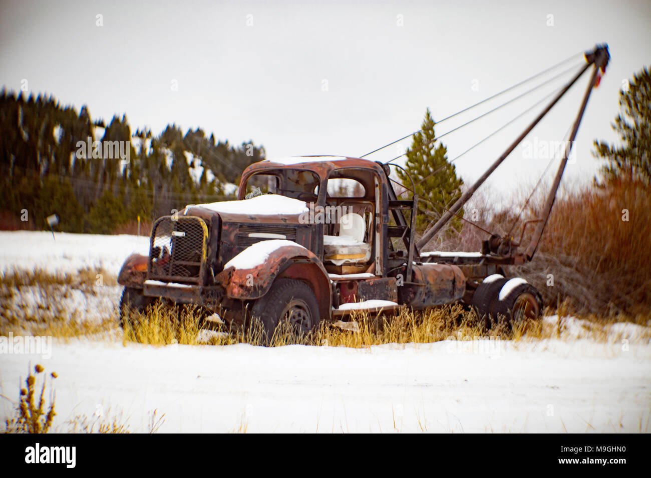 A 1947 White Super Power 2 1/2 ton pole truck in a snow-covered landscape near Silver Lake, Montana. Stock Photo