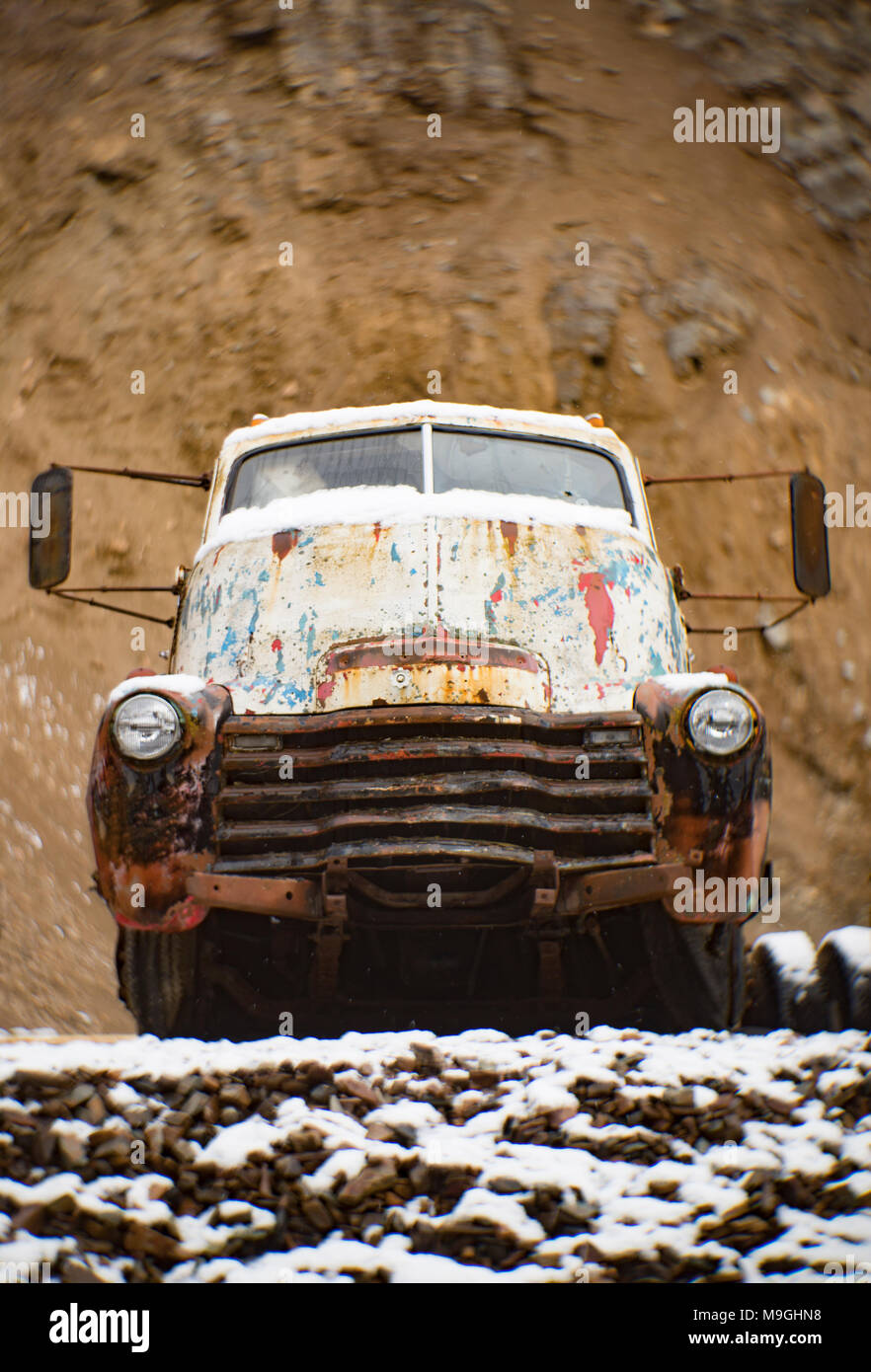 A 1948 Chevrolet cabover truck, in an old quarry, east of Clark Fork Idaho. Stock Photo