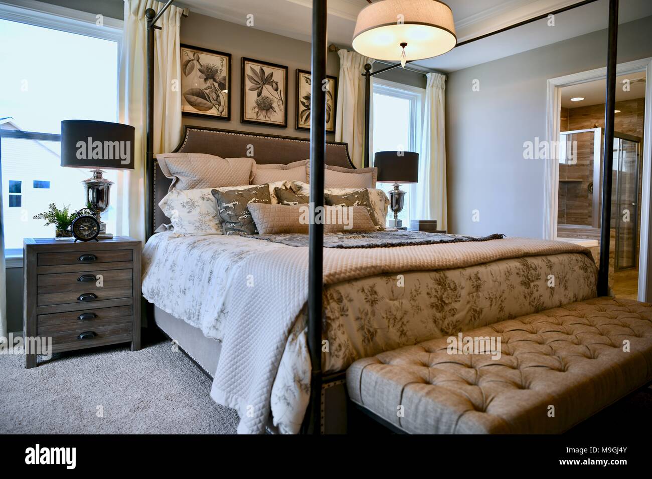 View Of Modern Bedroom With Bed Inside Decorated Home Stock