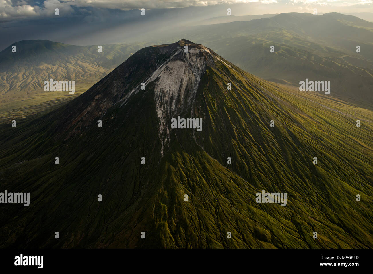 Close up aerial view of the Ol'Doinyo Lengai volcano in Tanzania, Africa. Stock Photo