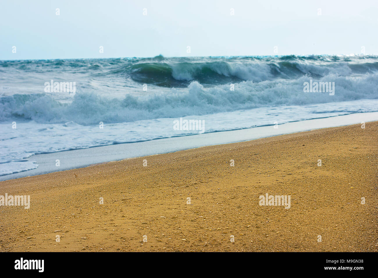 Stormy sea and blue sky, white sea foam on the yellow sandy beach. Stock Photo