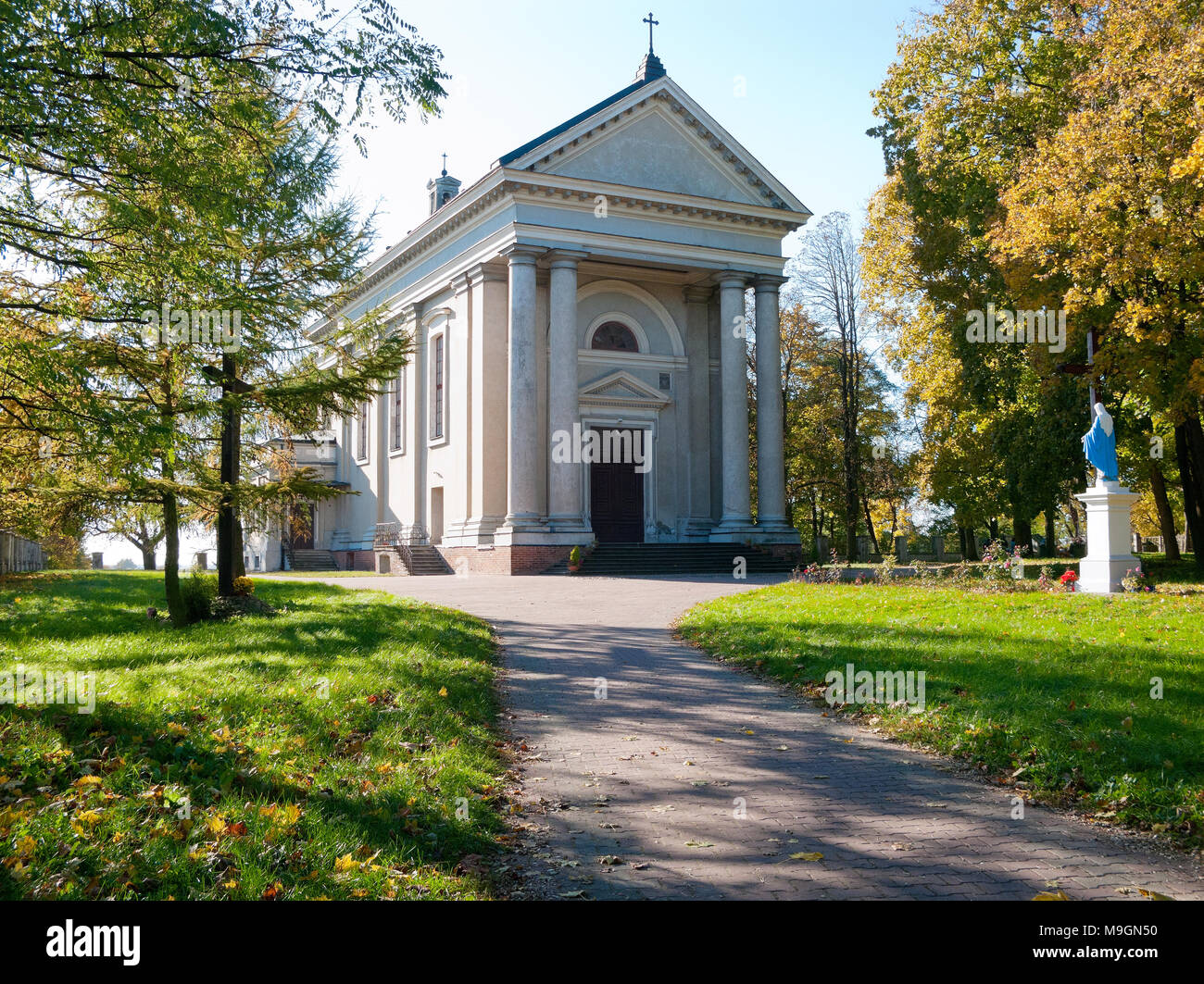 Neo classical parish church of St. Sigismund. Opinogora, Mazovian province, Poland, Europe. Stock Photo