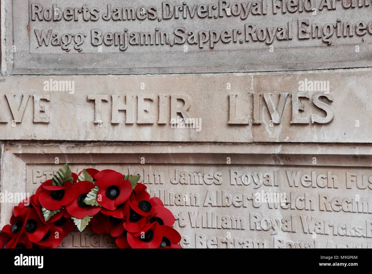 War memorial and poppy wreath, Wales Stock Photo