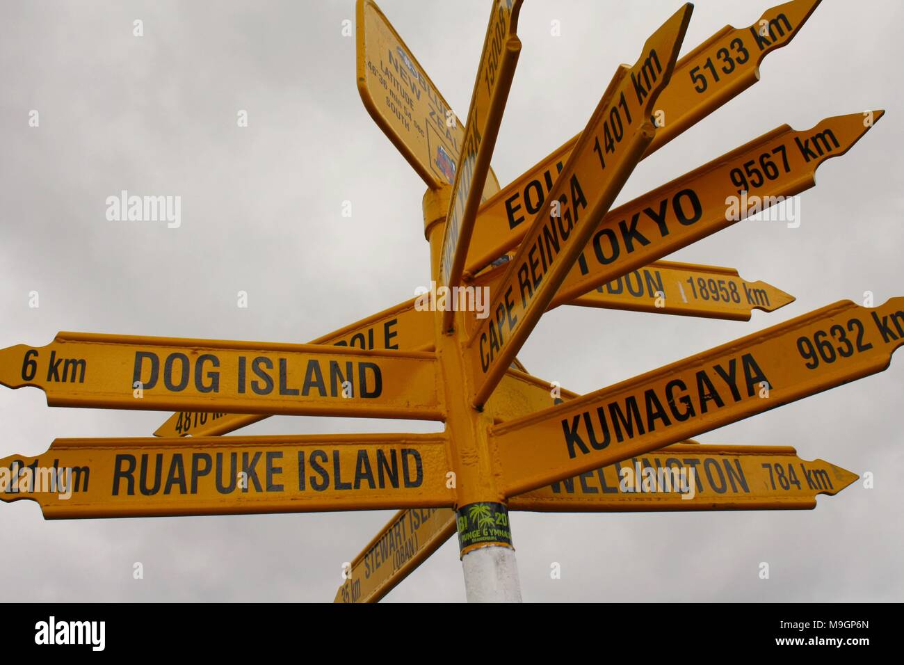 Multi-directional signpost on Cape Bluff, New Zealand Stock Photo