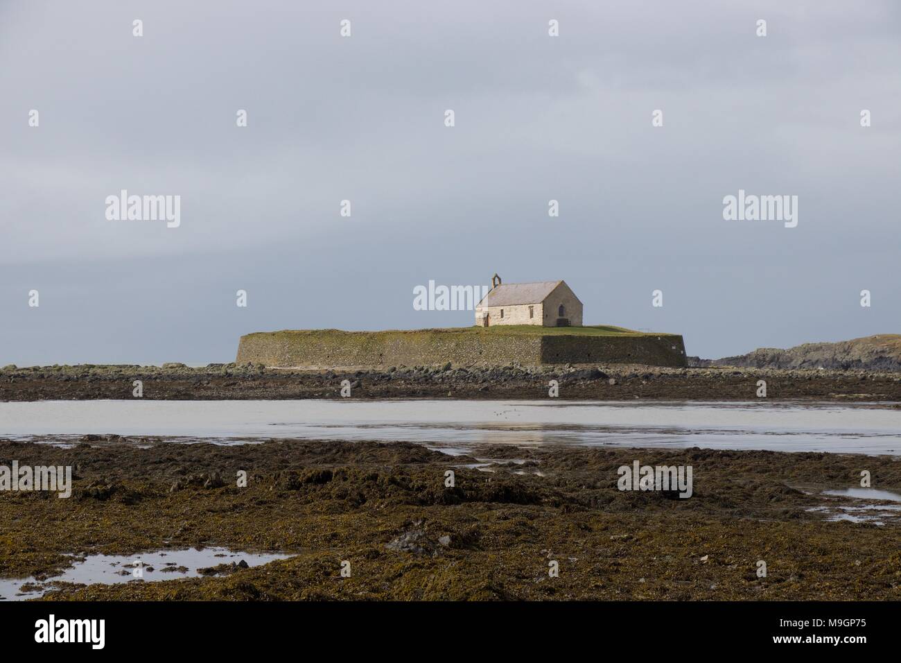 Cwfan Church on an island near Aberffraw, Anglesey, Wales Stock Photo