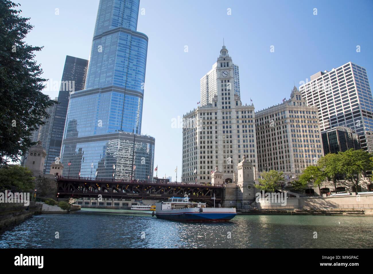 Chicago downtown and the Michigan Avenue Bridge (officially DuSable Bridge) Stock Photo
