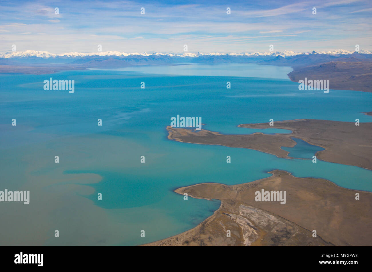 aerial view of the shore line of lake Lago Argentina near El Calafate and the andes in the back, Patagonia, Argentina Stock Photo