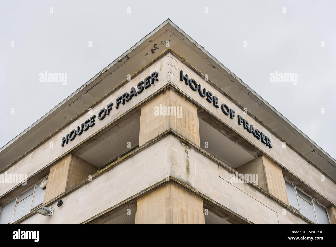 House of Fraser Plymouth, closure. Metaphor for struggling retailers, high street squeeze, House of Fraser closures, high street spending drop. Stock Photo