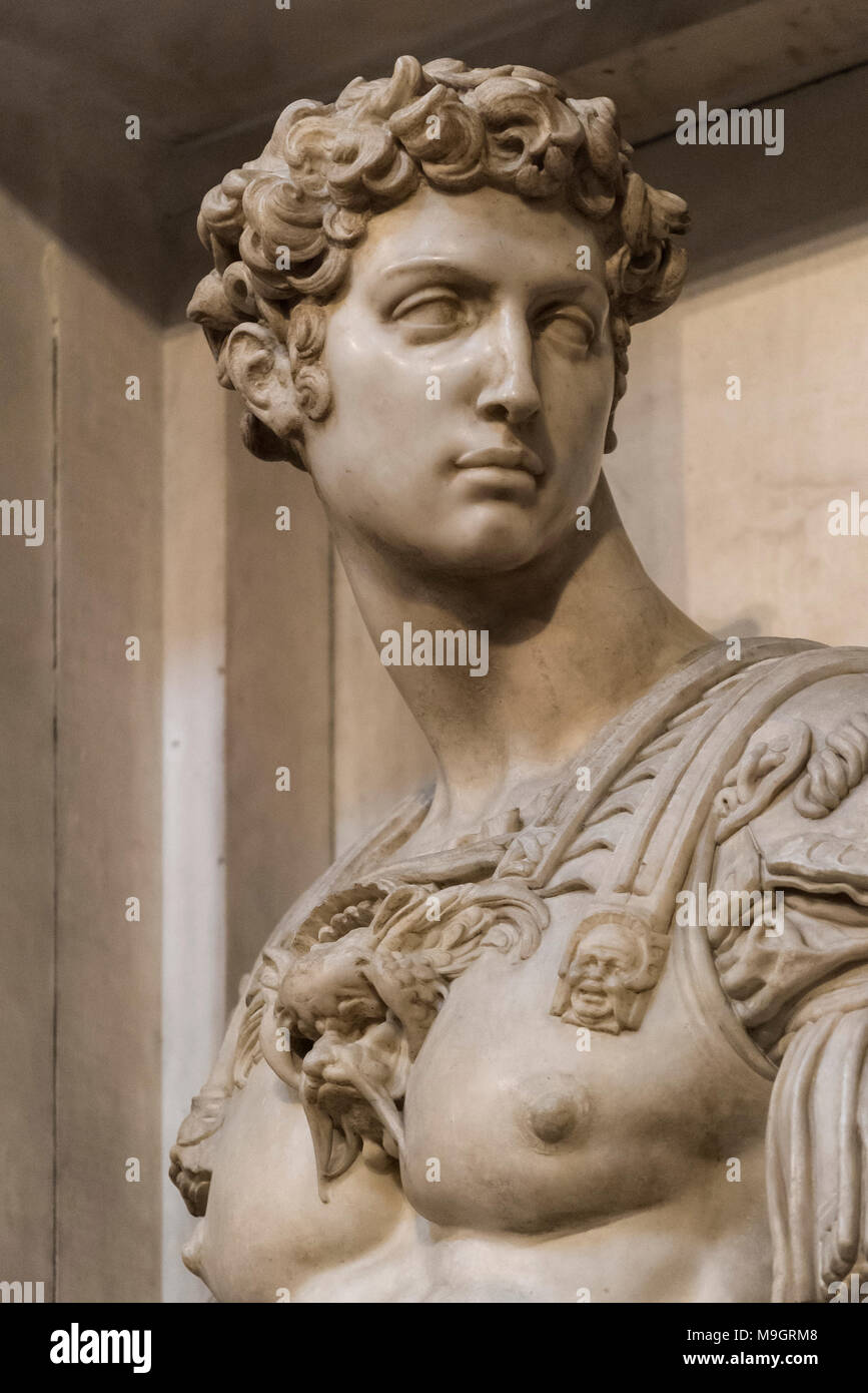 Florence. Italy. Tomb of Giuliano di Lorenzo de' Medici (detail), by Michelangelo, in the New Sacristy, Cappelle Medicee (Medici Chapels). Basilica of Stock Photo