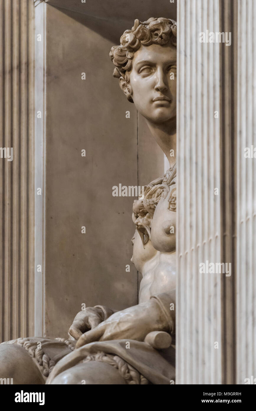 Florence. Italy. Tomb of Giuliano di Lorenzo de' Medici (detail), by Michelangelo, in the New Sacristy, Cappelle Medicee (Medici Chapels). Basilica of Stock Photo