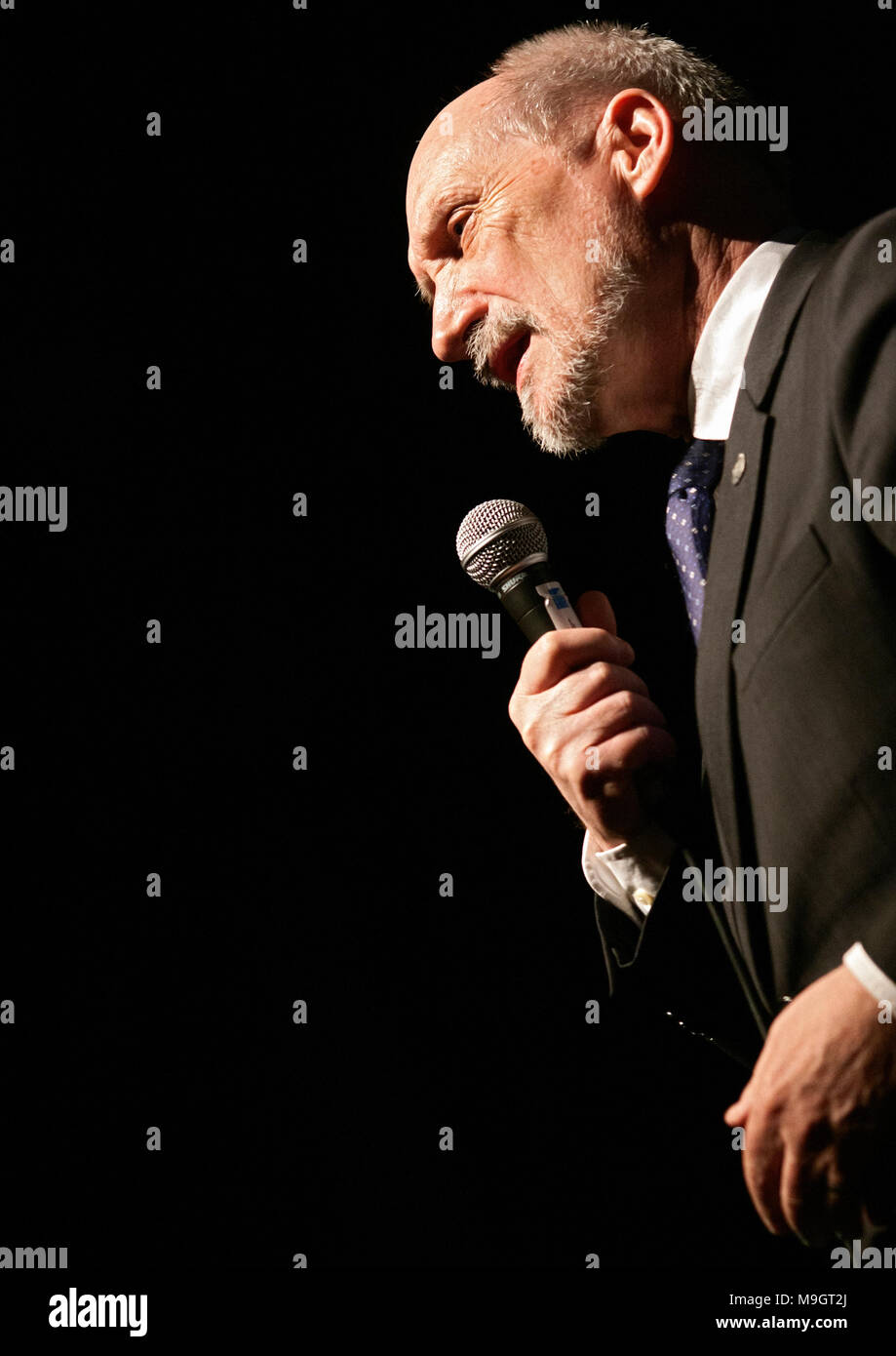 ZAMOSC, POLAND - APRIL 20, 2013:  Former Minister of National Defence Antoni Macierewicz during one of his speech. Stock Photo