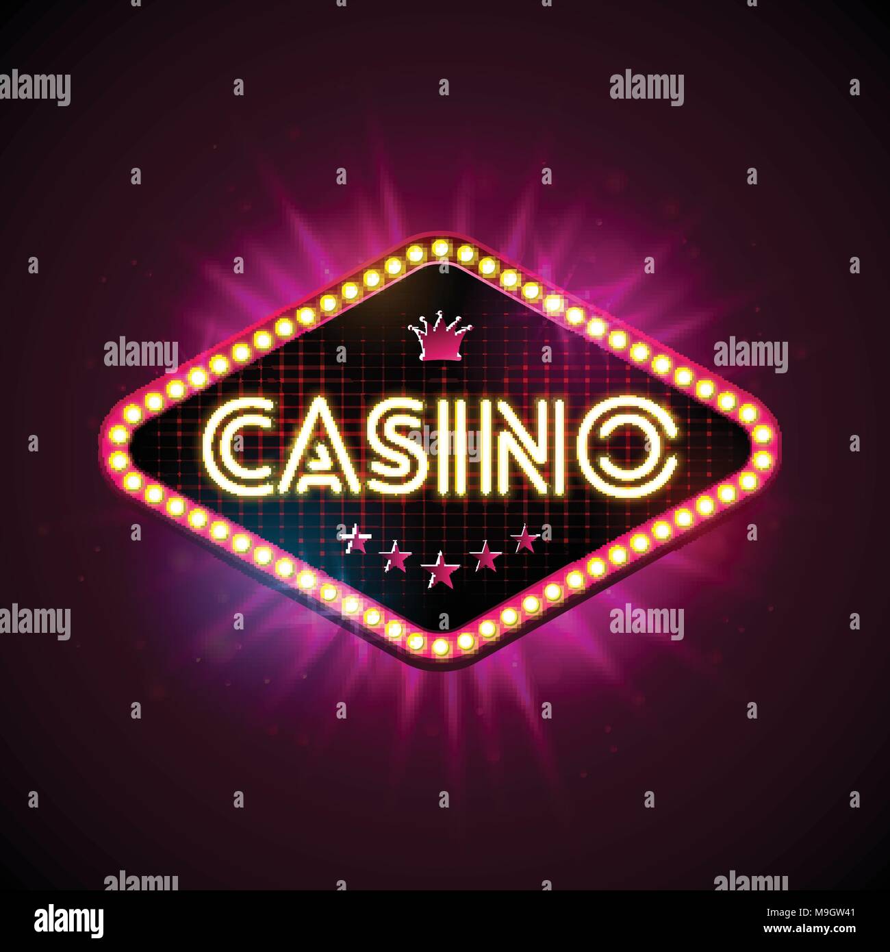 Casino Illustration with shiny lighting display and neon light letter on violet background. Vector gambling design with for invitation or promo banner. Stock Vector
