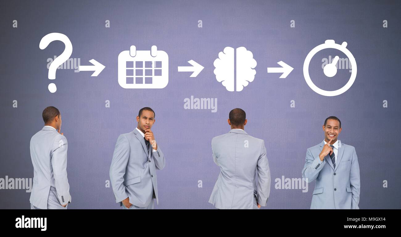Businessman thinking in sequence with ideas and brainstorm process icons Stock Photo