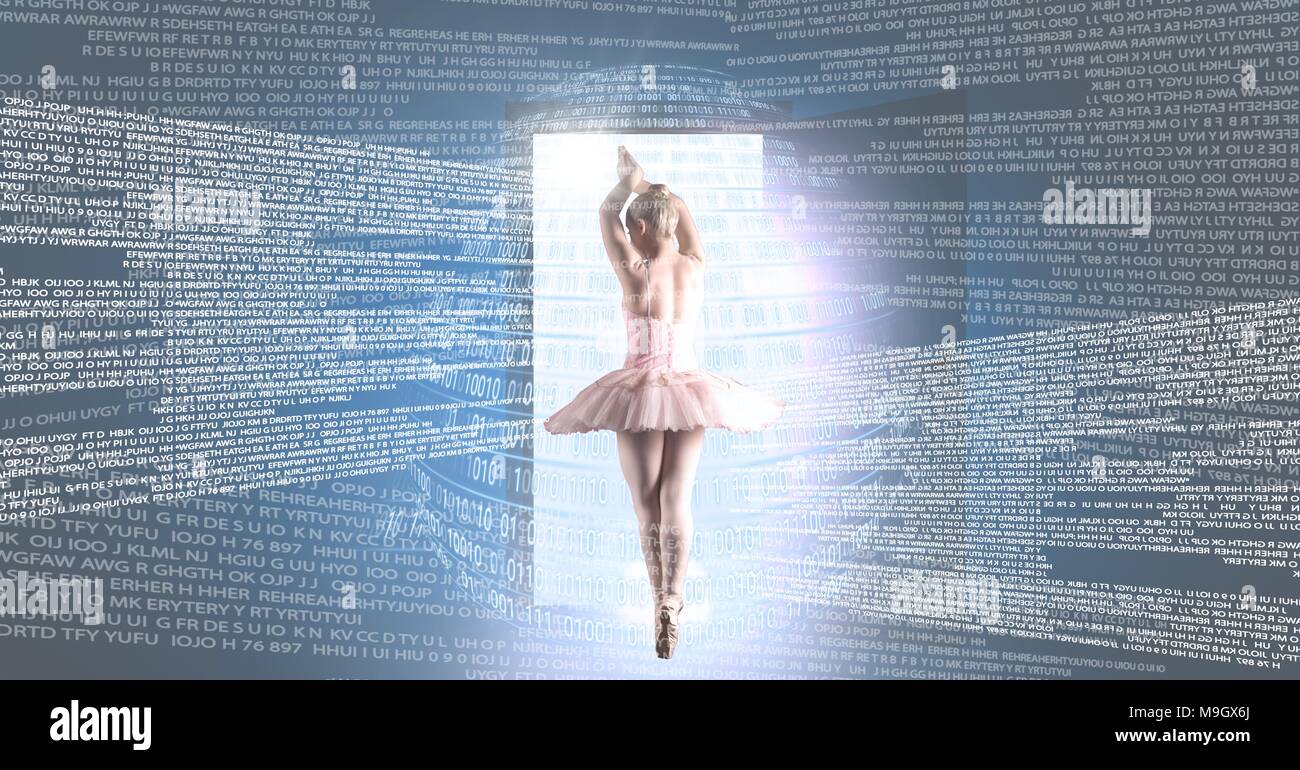 Ballet dancer dancing with digital technology interface and open door light source Stock Photo